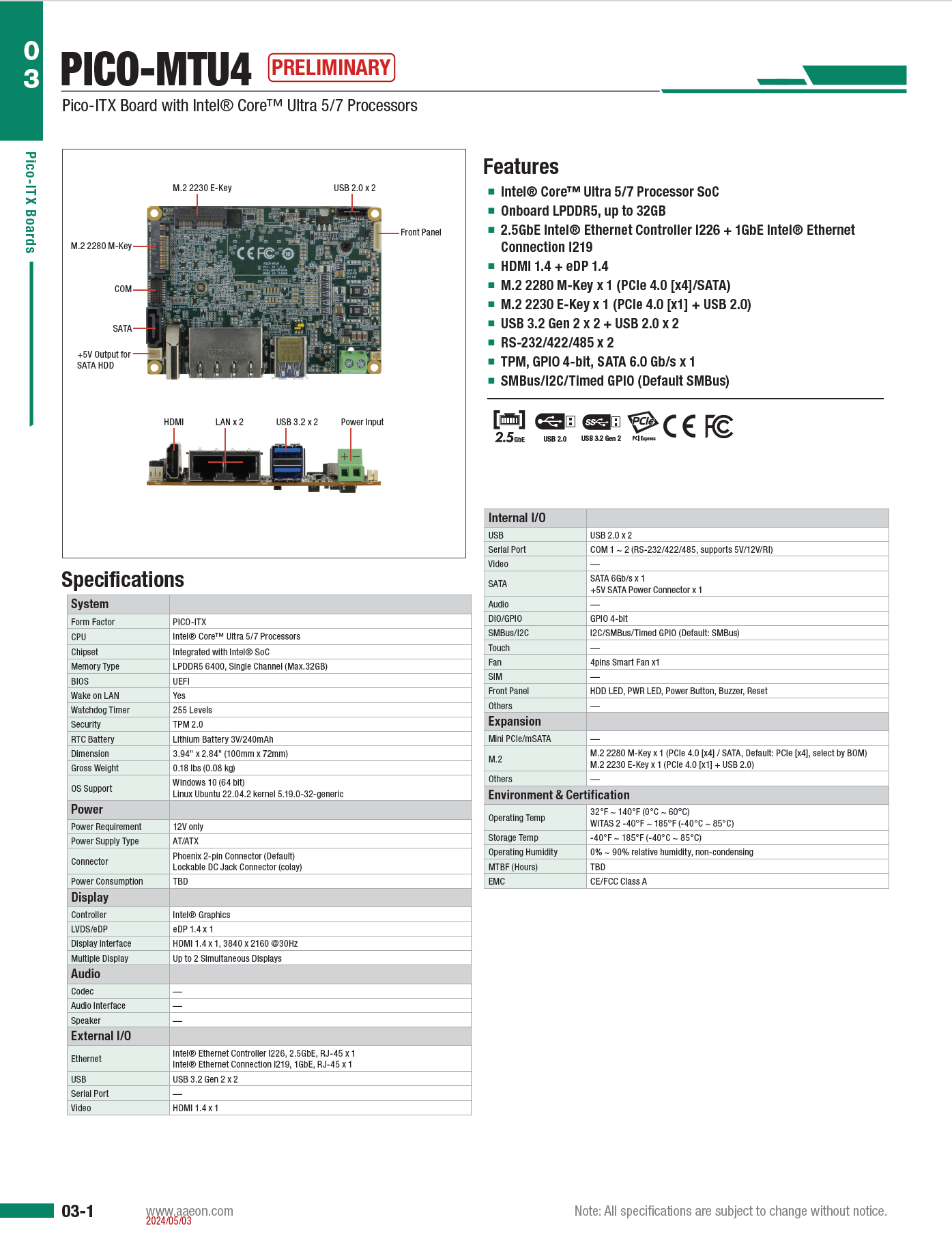 AAEON PICO-MTU4　製品カタログ