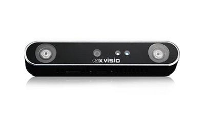 SINGRY AシリーズステレオVSAM＆ToF機能搭載カメラ 両端に円形レンズを備え、中央に3つの小型円形部品が配置された黒い長方形のデバイス。