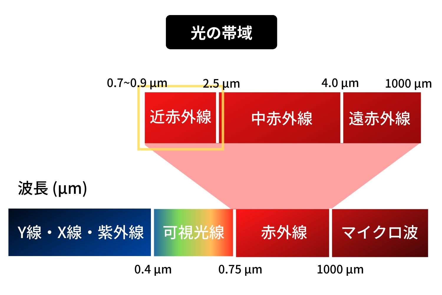 光の帯域を示す図。横軸は波長（μm）で、0.4 μmから1000 μmまでをカバー。Y線・X線・紫外線、可視光線、赤外線（近赤外・中赤外・遠赤外）、およびマイクロ波の範囲が色分けされて表示されている。その中でも、0.7~0.9μmから2.5μmの帯域である近赤外線を強調している。